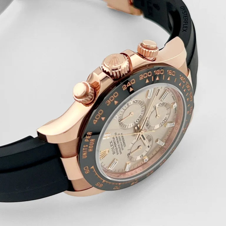 Rolex Daytona Rose Gold Baguette Oysterflex Pink Dial 116515LN-0021 Mens 40mm